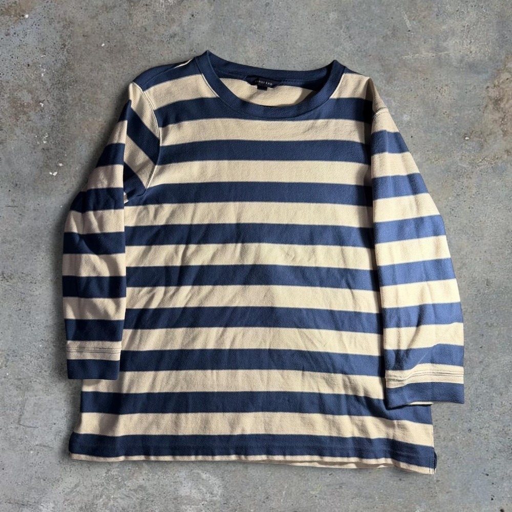 Lands' End Blue White Striped Knit Long Sleeve Top Women's Large 14-16 Coastal